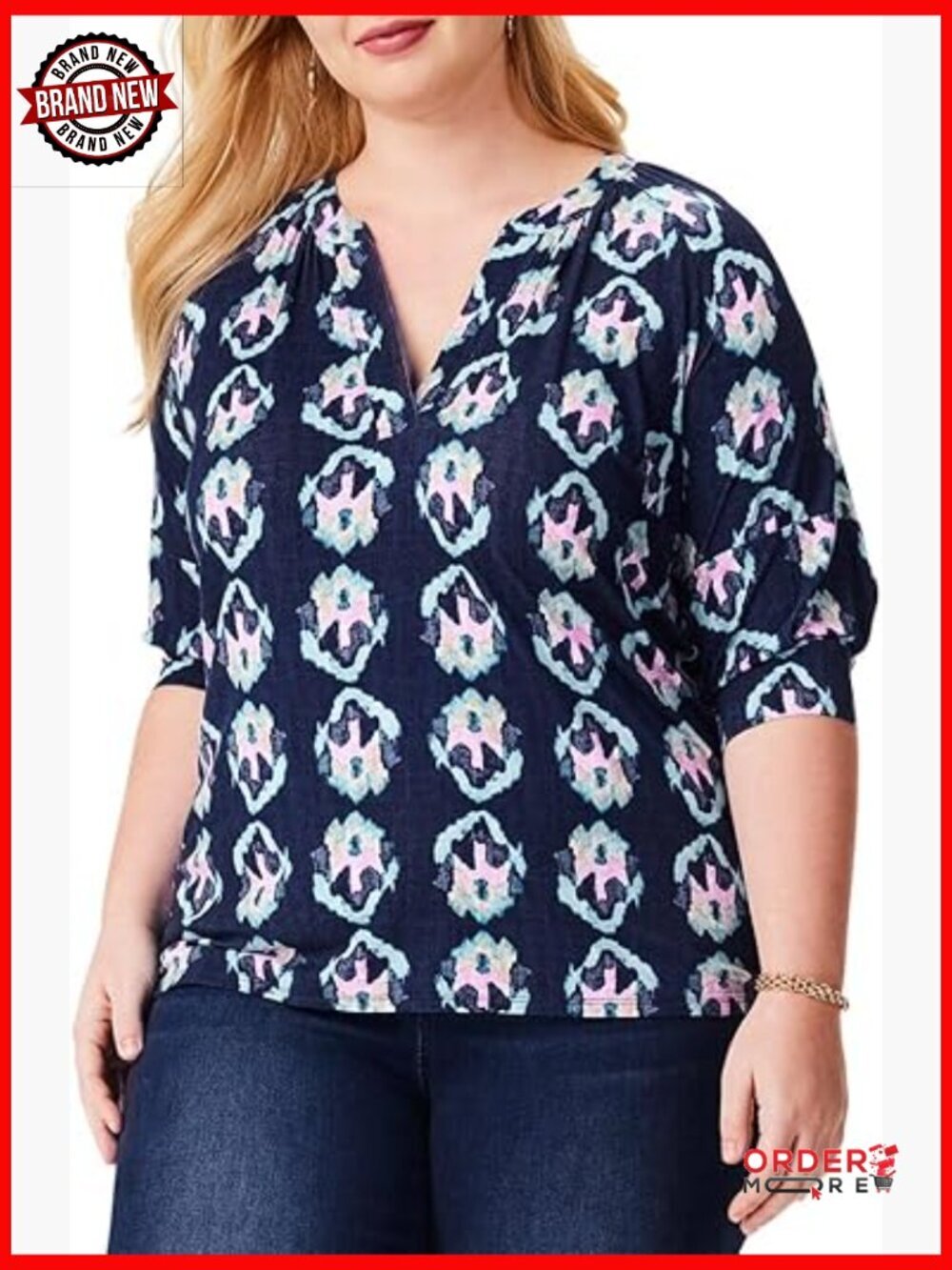 Women's Linen Blend Knit Pullover Top - Split Neck Elbow Sleeve Loose Fit